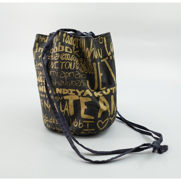 RH Teen Restoration Hardware Bucket Bag Small Black Gold Tone Allover Print - Picture 1 of 12